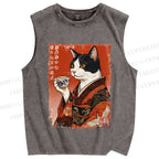 Unisex Vintage Ukiyo-e Tea Cat Printed Washed Tank Top