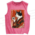 Unisex Vintage Ukiyo-e Tea Cat Printed Washed Tank Top
