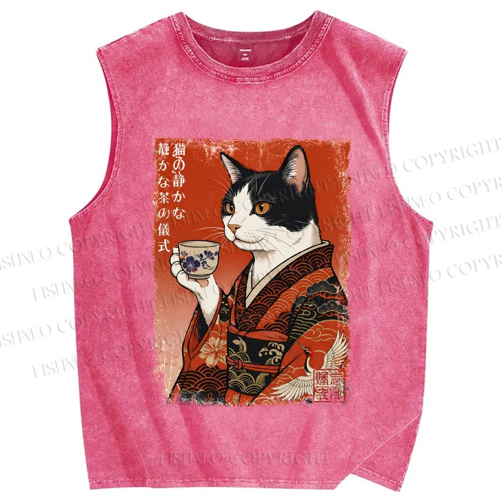 Unisex Vintage Ukiyo-e Tea Cat Printed Washed Tank Top