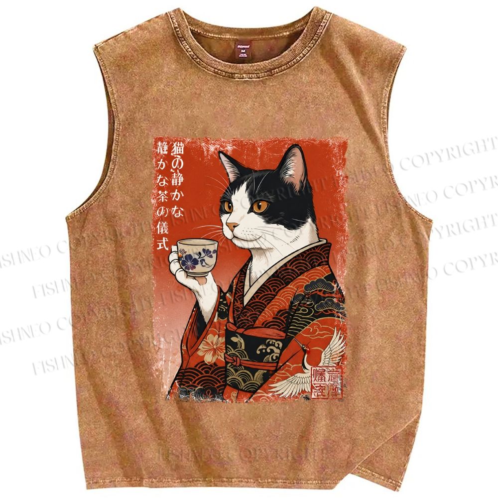 Unisex Vintage Ukiyo-e Tea Cat Printed Washed Tank Top
