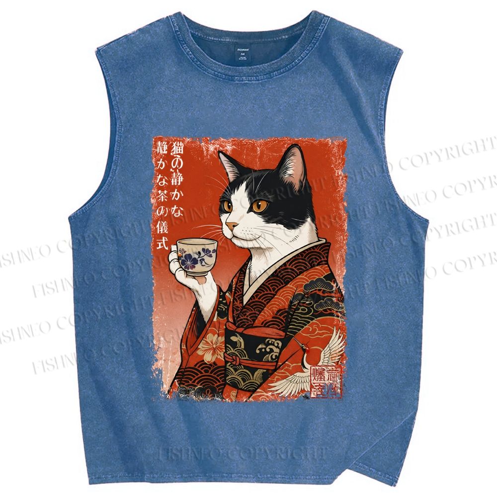 Unisex Vintage Ukiyo-e Tea Cat Printed Washed Tank Top