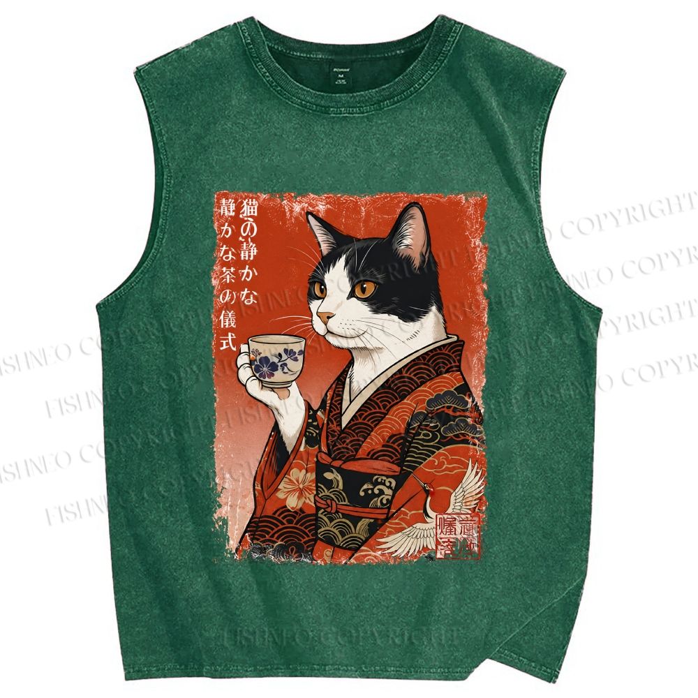 Unisex Vintage Ukiyo-e Tea Cat Printed Washed Tank Top