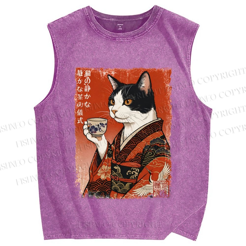 Unisex Vintage Ukiyo-e Tea Cat Printed Washed Tank Top