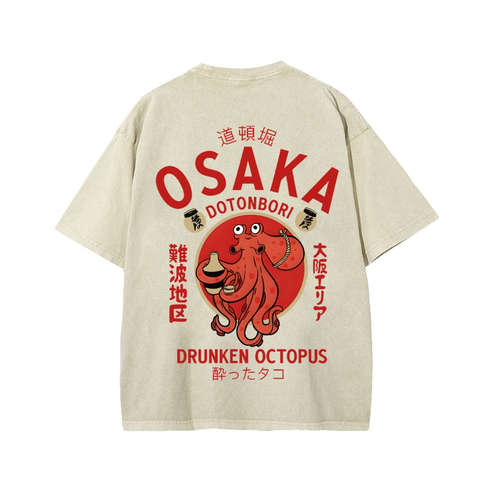 Osaka Dotonbori Drunken Octopus Vintage Wash Japanese Design Back Art T-Shirt