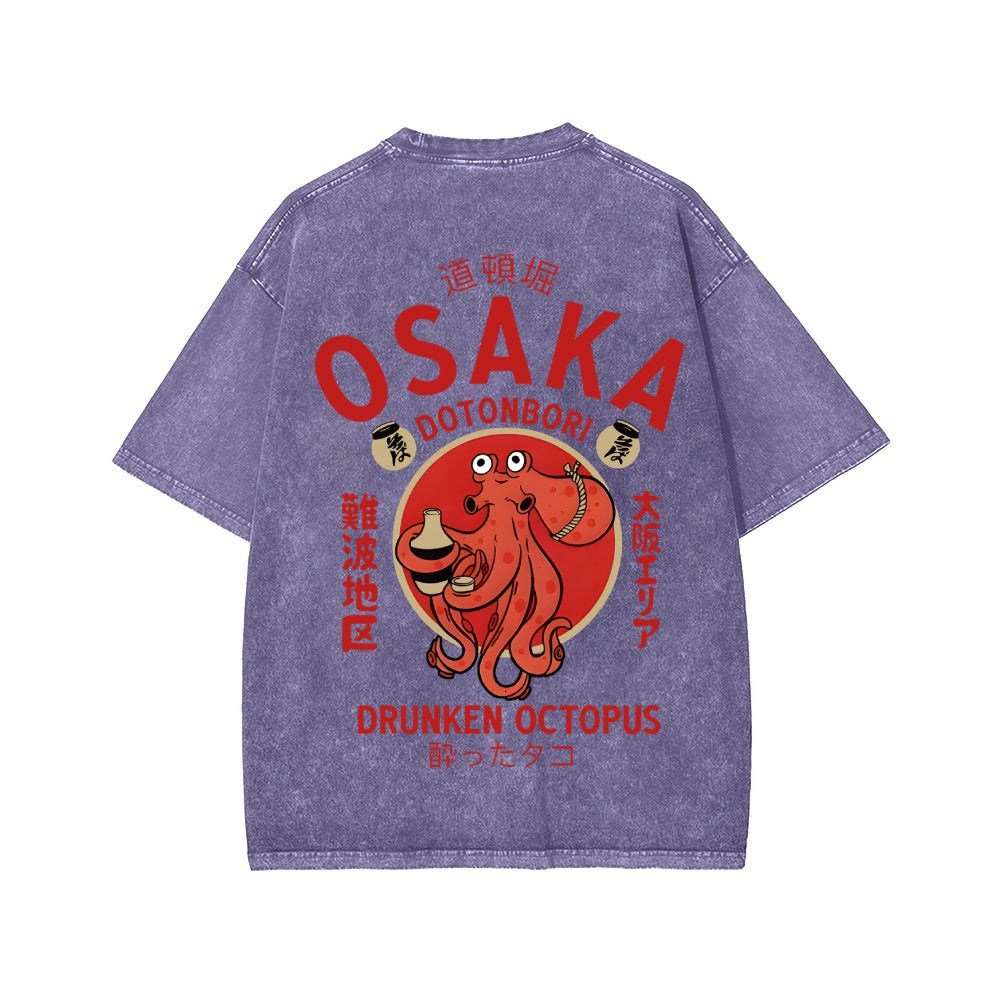 Osaka Dotonbori Drunken Octopus Vintage Wash Japanese Design Back Art T-Shirt