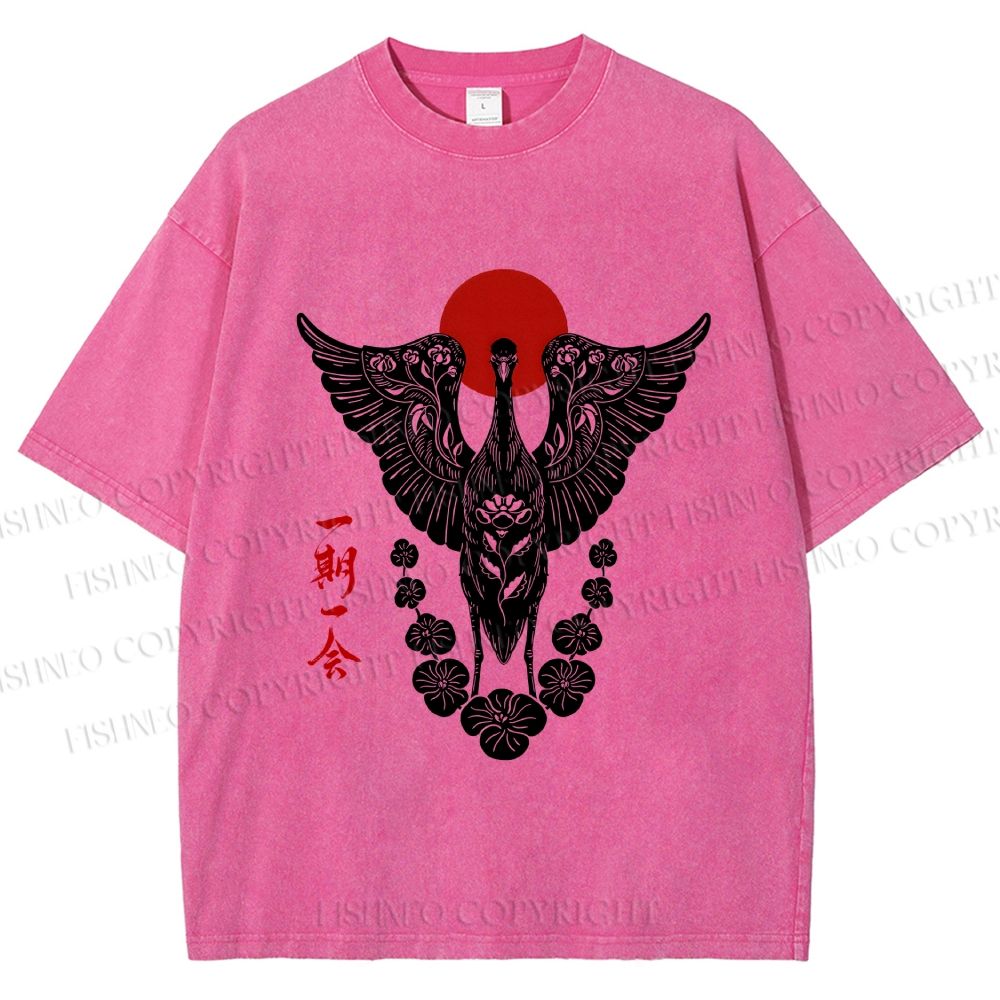Unisex Japanese Crane Ichigo Ichie Printed Washed Tee