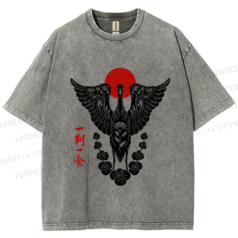 Unisex Japanese Crane Ichigo Ichie Printed Washed Tee