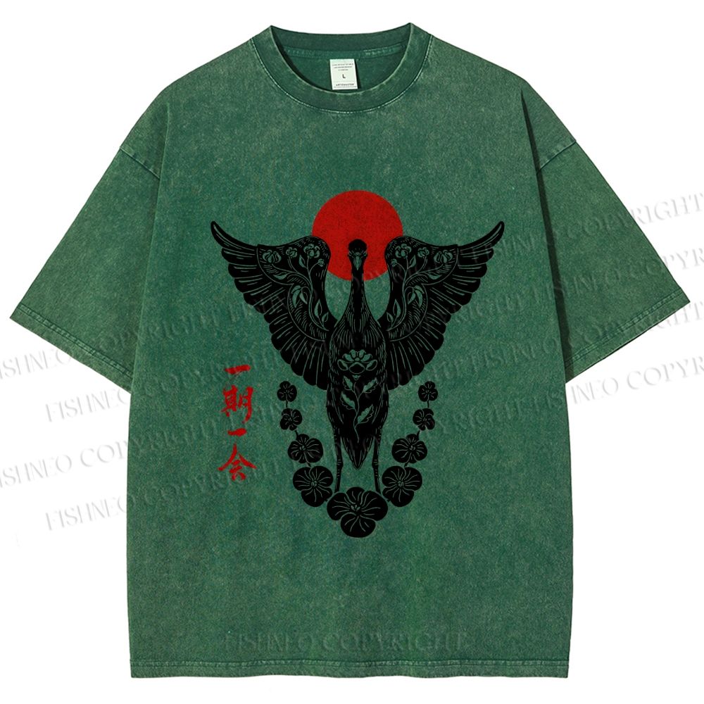 Unisex Japanese Crane Ichigo Ichie Printed Washed Tee