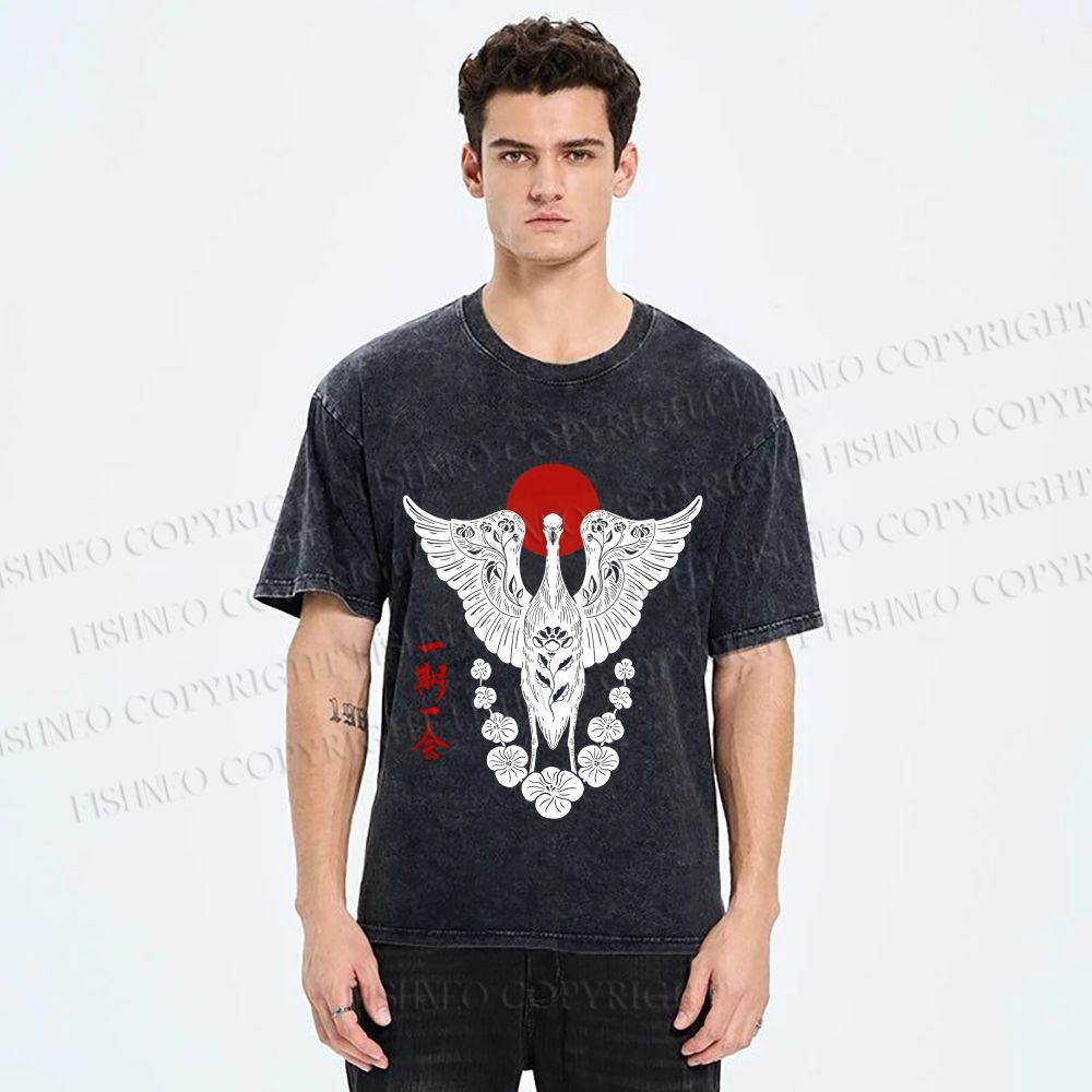 Unisex Japanese Crane Ichigo Ichie Printed Washed Tee