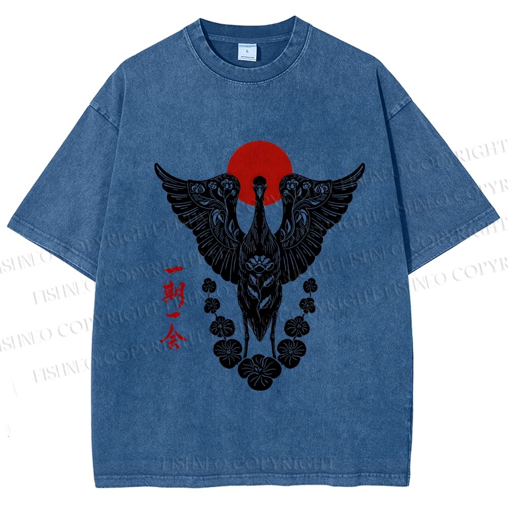 Unisex Japanese Crane Ichigo Ichie Printed Washed Tee
