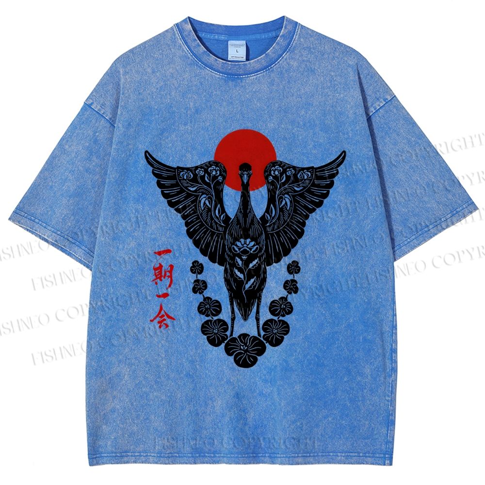 Unisex Japanese Crane Ichigo Ichie Printed Washed Tee