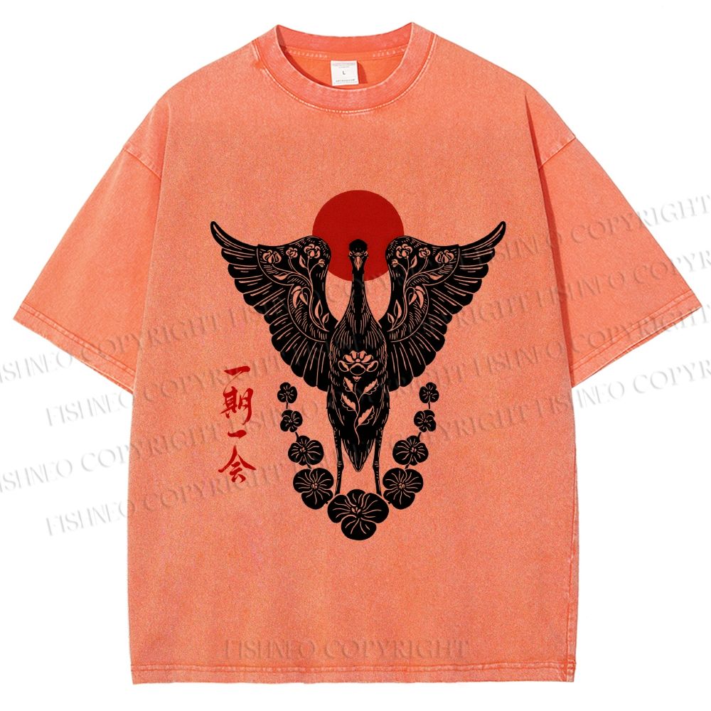 Unisex Japanese Crane Ichigo Ichie Printed Washed Tee