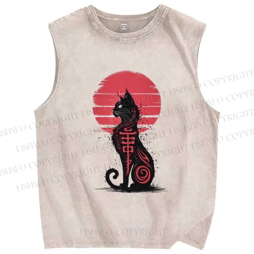 Unisex Ink Totem Cat Printed Washed Tank Top
