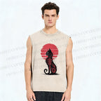 Unisex Ink Totem Cat Printed Washed Tank Top