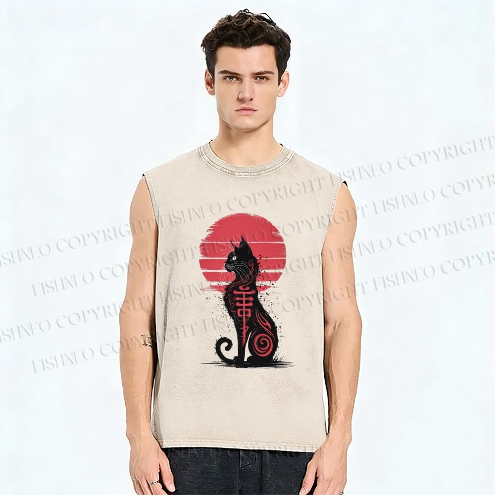 Unisex Ink Totem Cat Printed Washed Tank Top