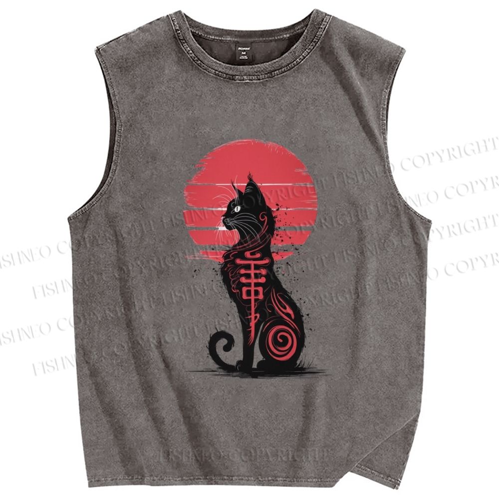 Unisex Ink Totem Cat Printed Washed Tank Top