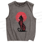 Unisex Ink Totem Cat Printed Washed Tank Top