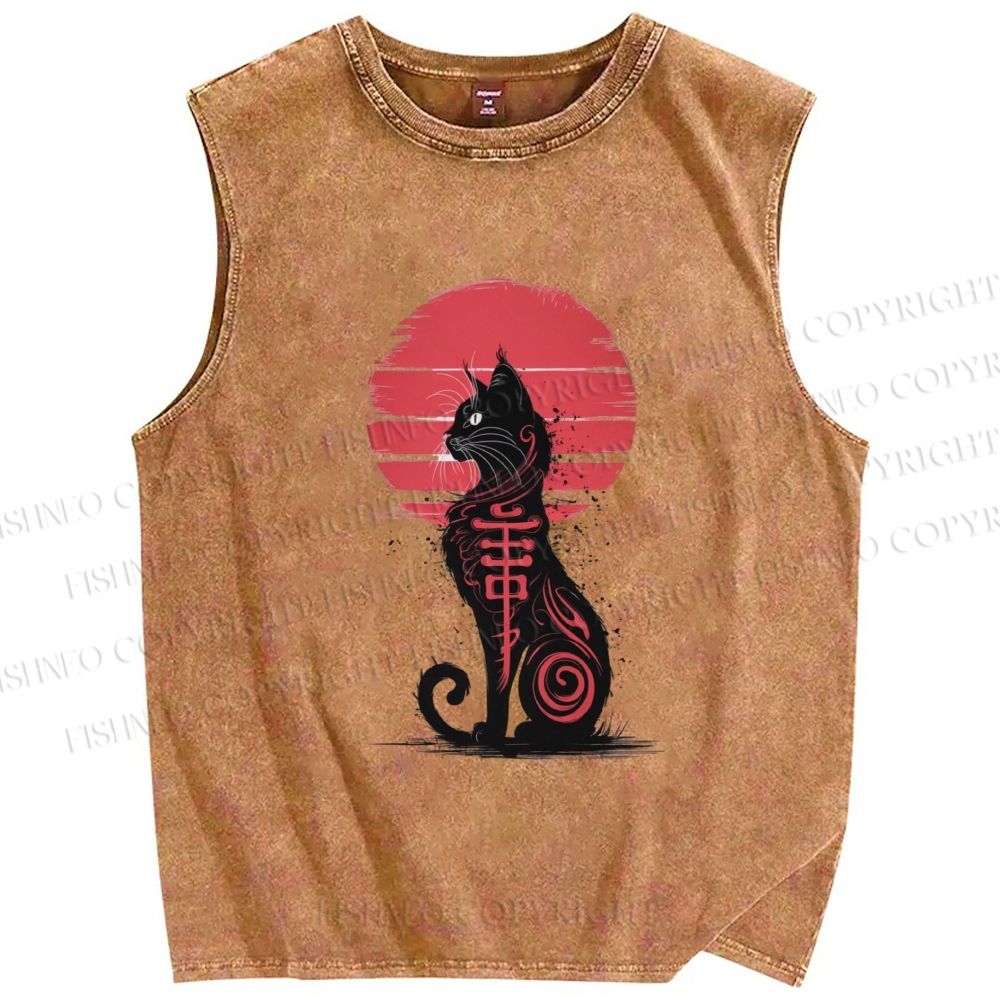 Unisex Ink Totem Cat Printed Washed Tank Top