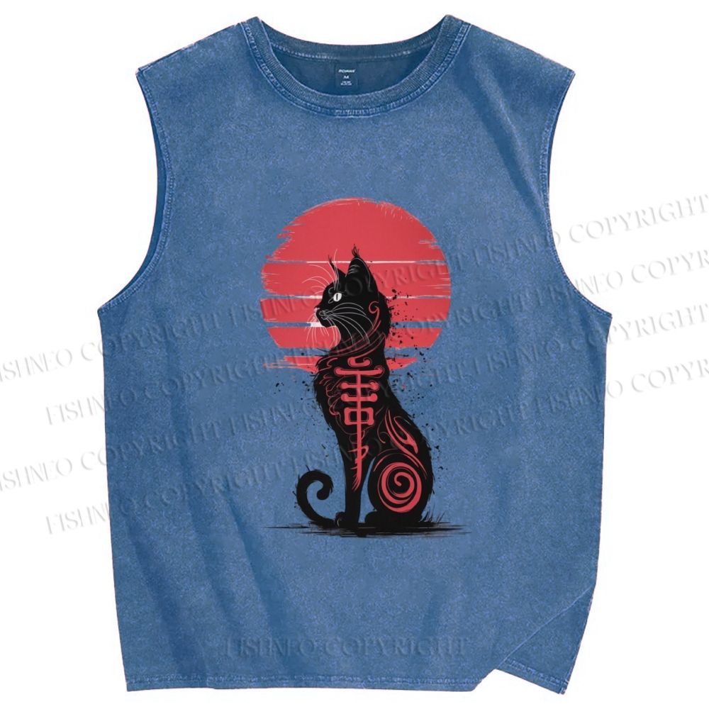 Unisex Ink Totem Cat Printed Washed Tank Top