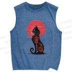Unisex Ink Totem Cat Printed Washed Tank Top