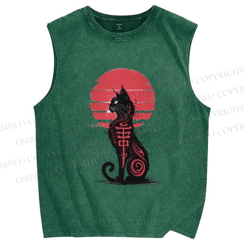 Unisex Ink Totem Cat Printed Washed Tank Top