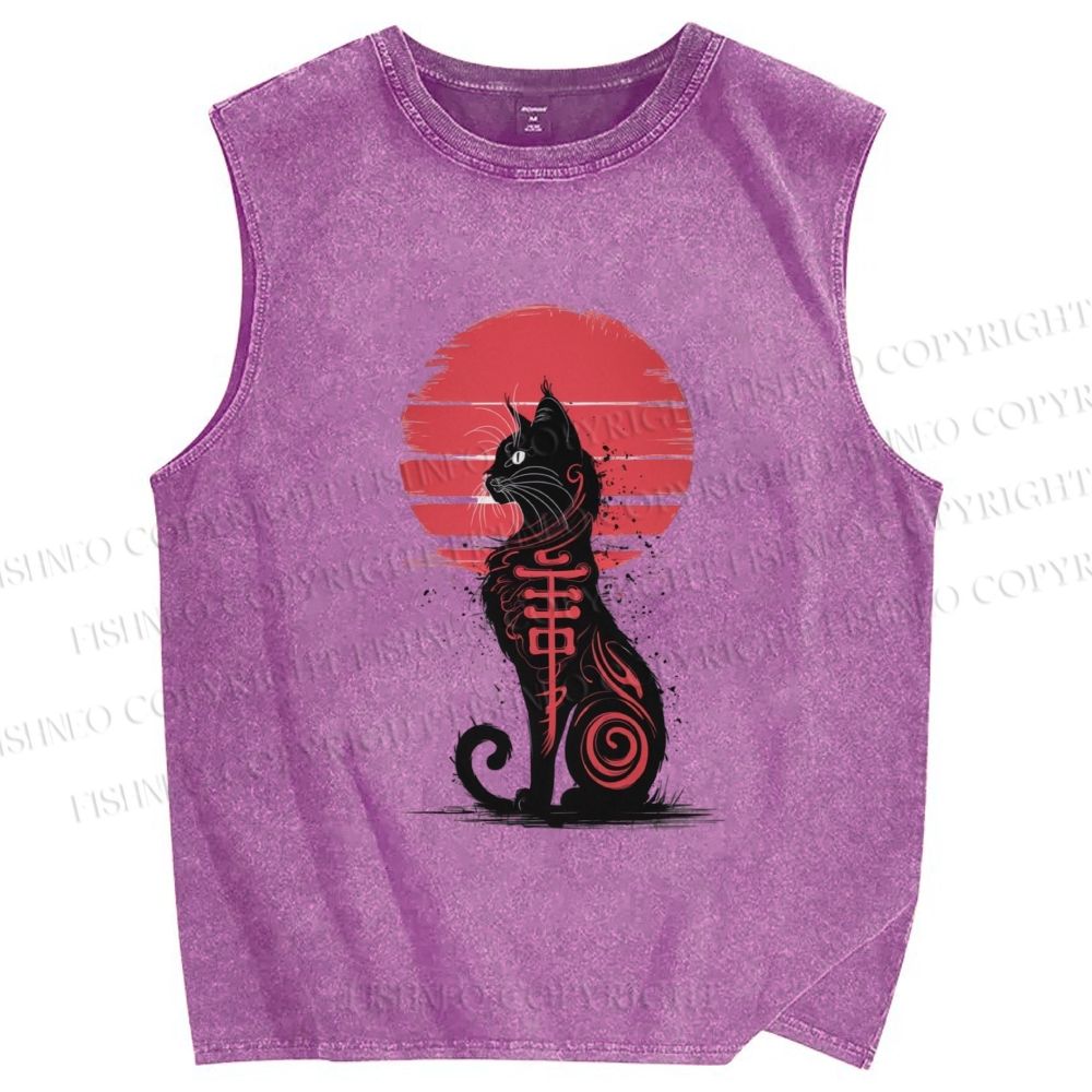 Unisex Ink Totem Cat Printed Washed Tank Top