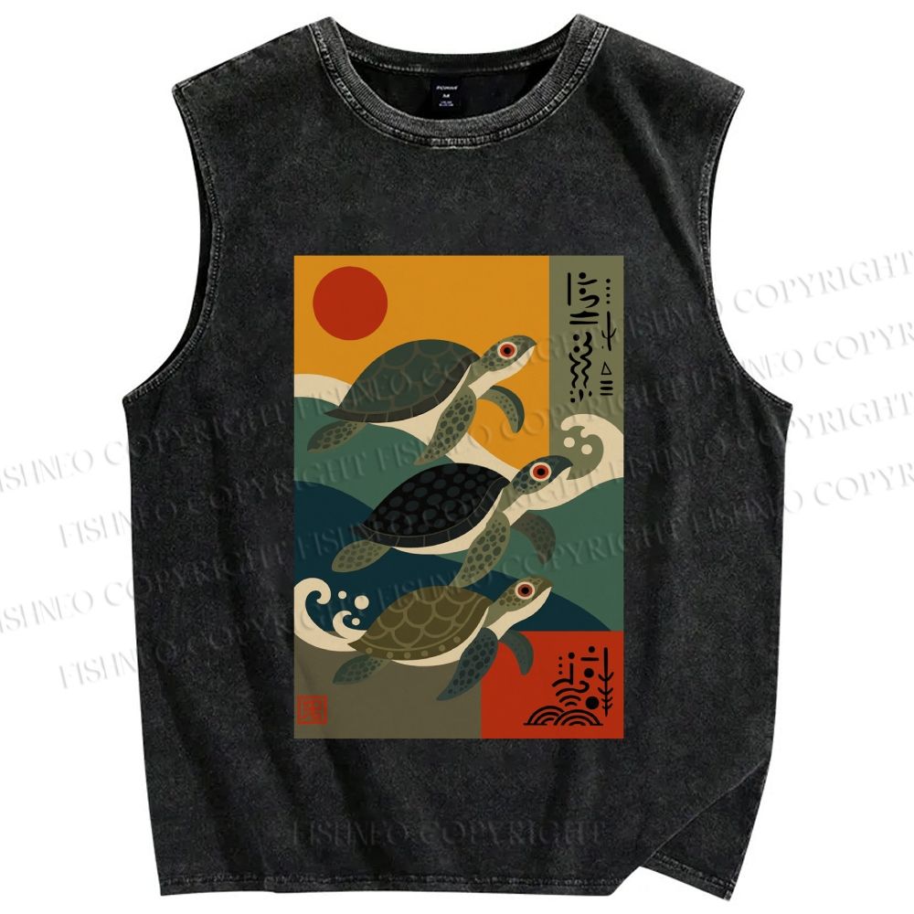 Unisex Sunrise Sea Turtles Printed Washed Tank Top