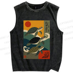 Unisex Sunrise Sea Turtles Printed Washed Tank Top