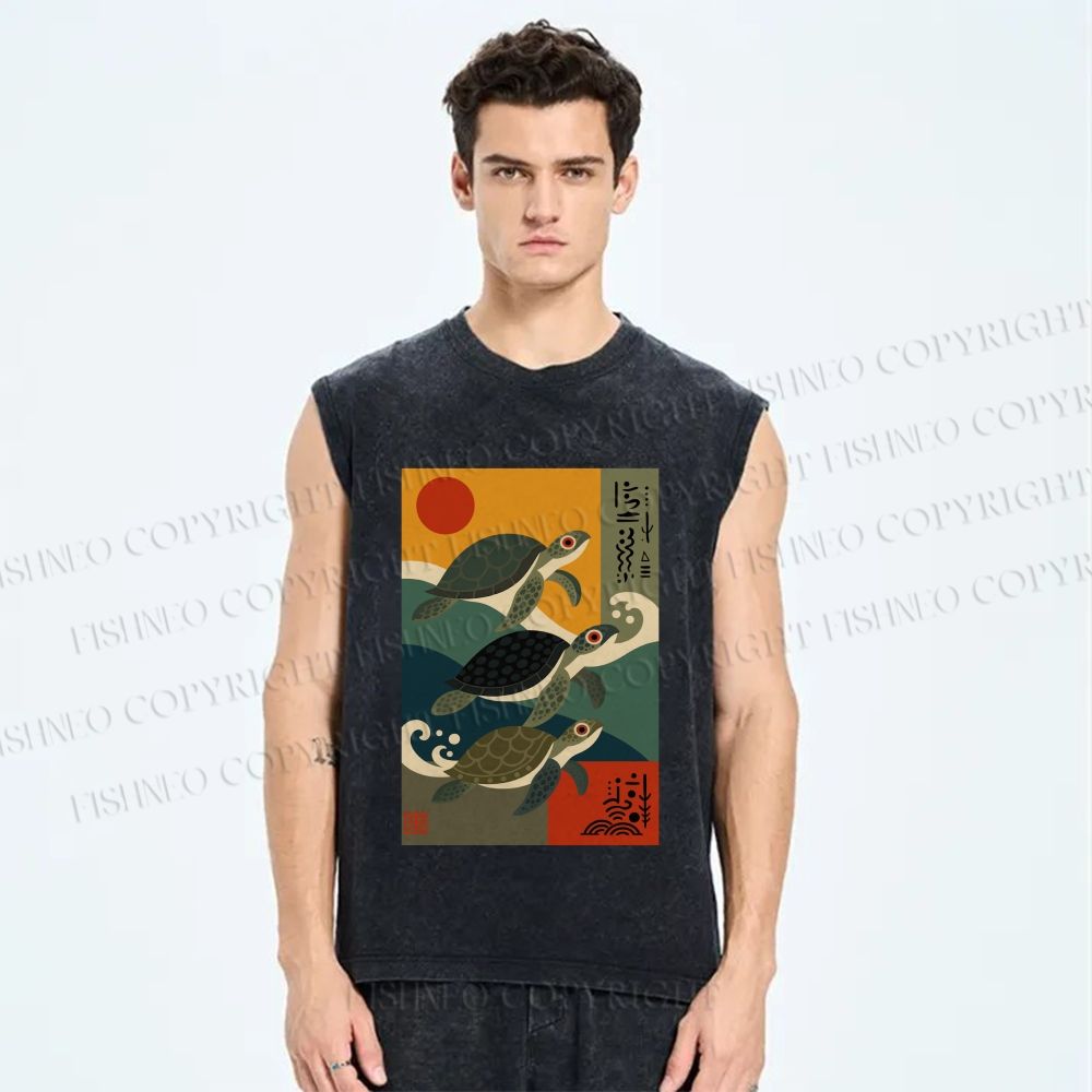 Unisex Sunrise Sea Turtles Printed Washed Tank Top