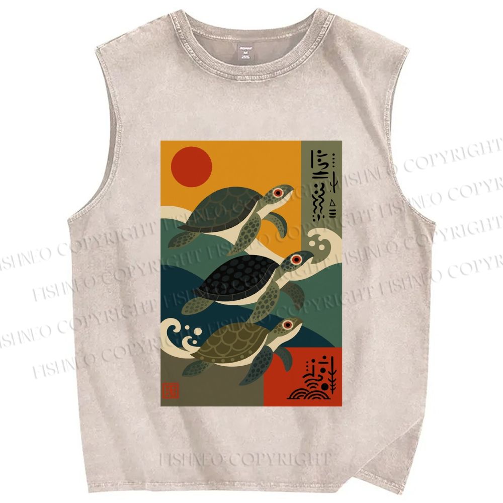 Unisex Sunrise Sea Turtles Printed Washed Tank Top