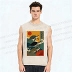 Unisex Sunrise Sea Turtles Printed Washed Tank Top