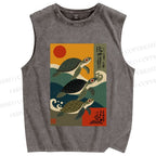 Unisex Sunrise Sea Turtles Printed Washed Tank Top