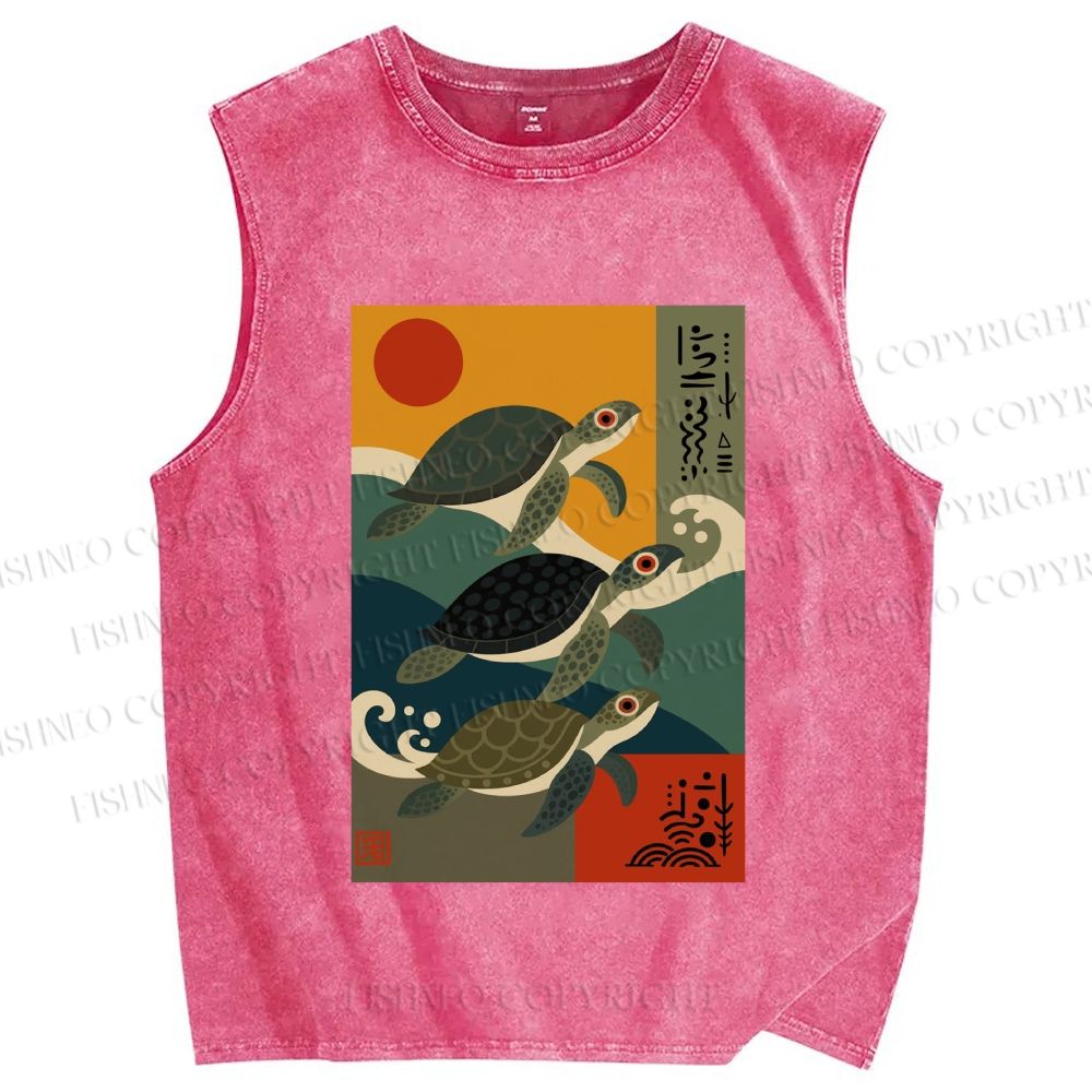 Unisex Sunrise Sea Turtles Printed Washed Tank Top