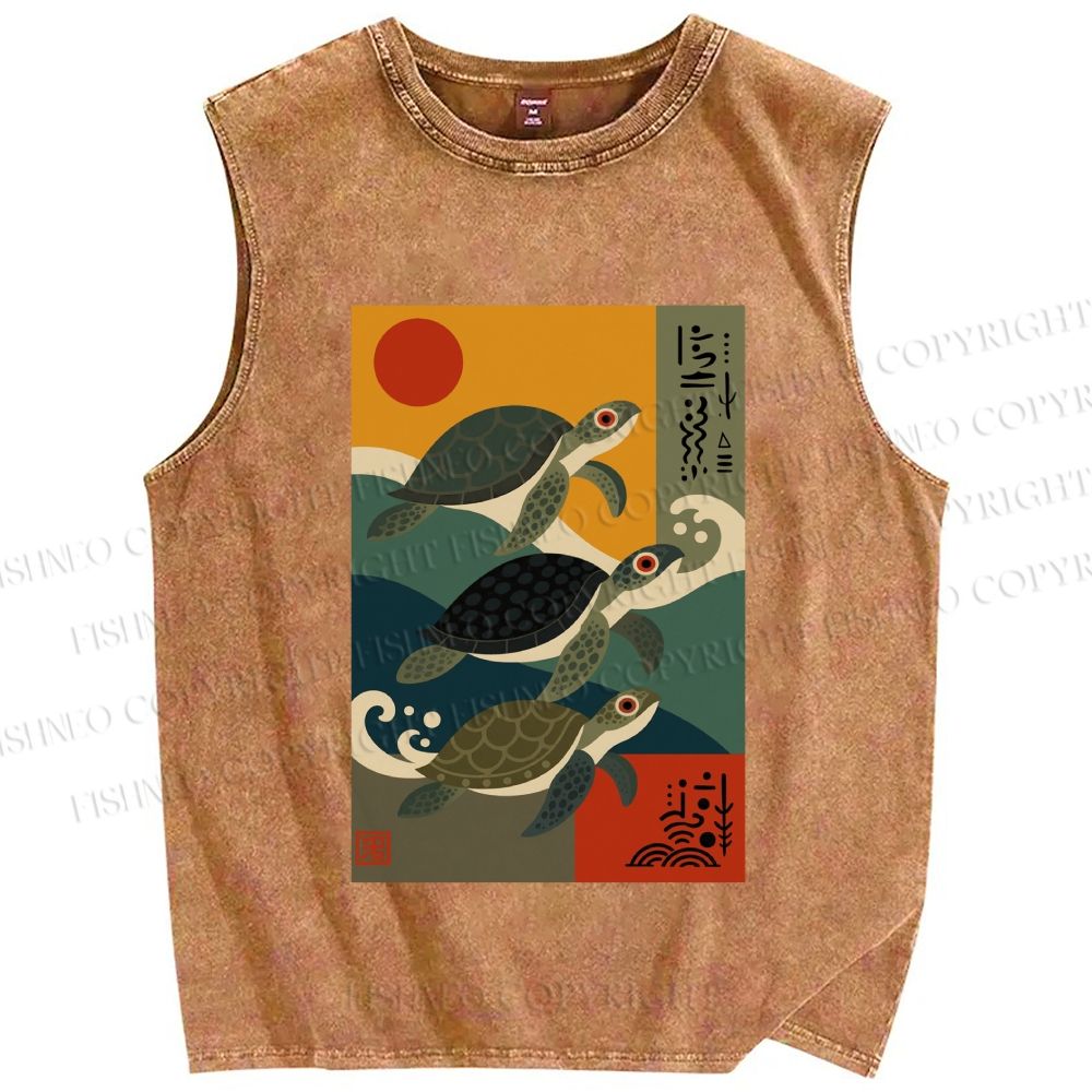 Unisex Sunrise Sea Turtles Printed Washed Tank Top