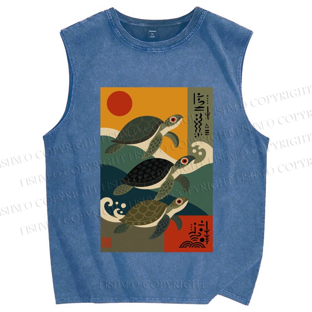 Unisex Sunrise Sea Turtles Printed Washed Tank Top