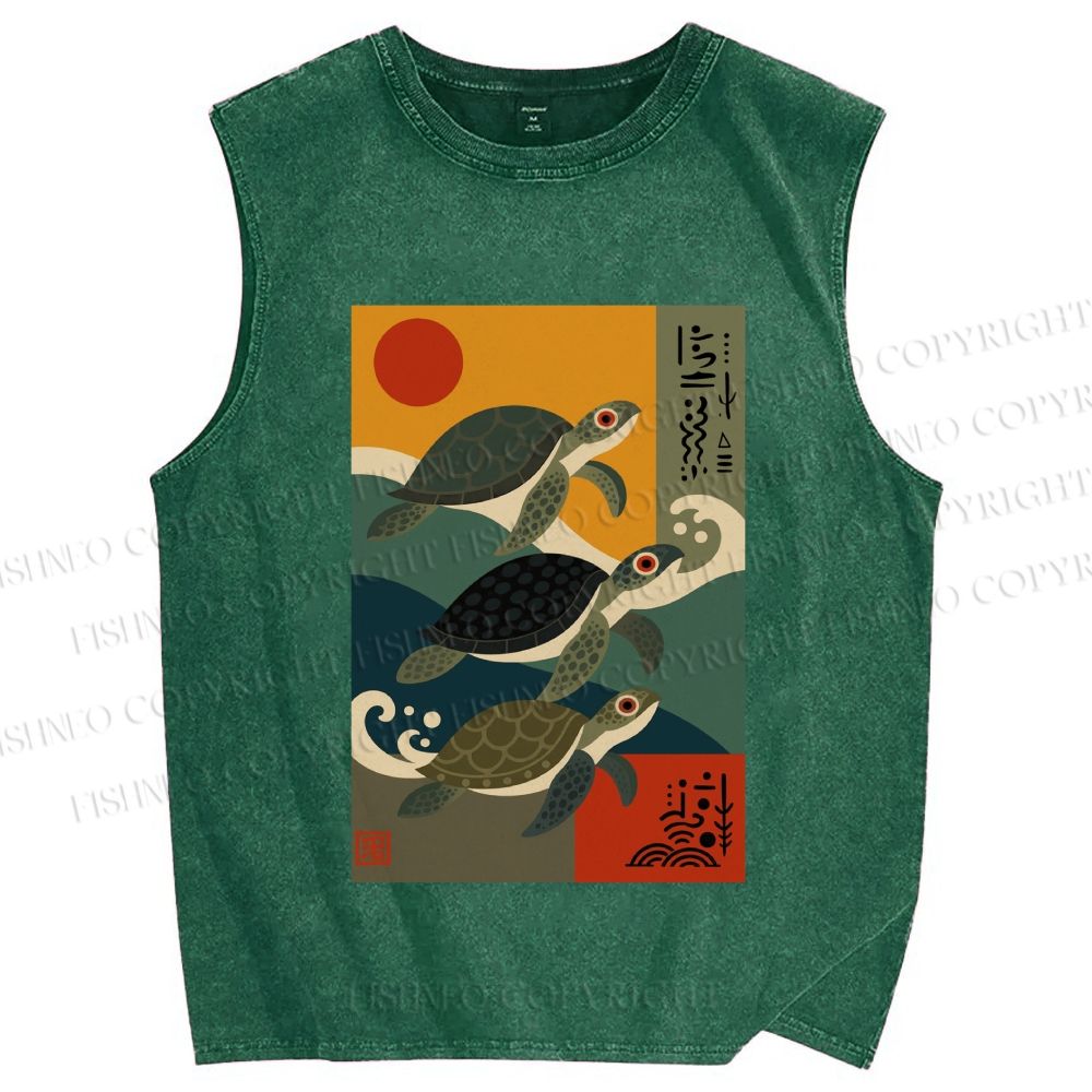 Unisex Sunrise Sea Turtles Printed Washed Tank Top