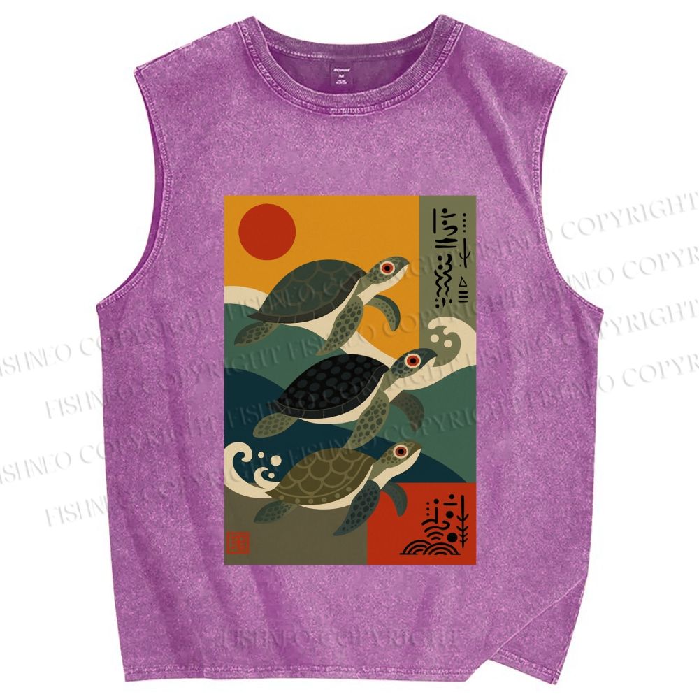 Unisex Sunrise Sea Turtles Printed Washed Tank Top