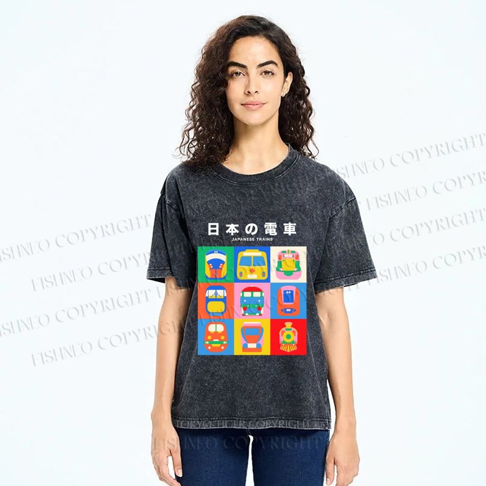 Unisex Japanese Trains Printed Washed Tee
