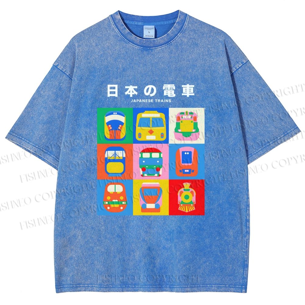 Unisex Japanese Trains Printed Washed Tee