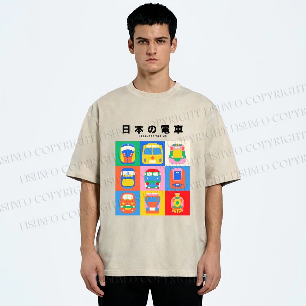 Unisex Japanese Trains Printed Washed Tee