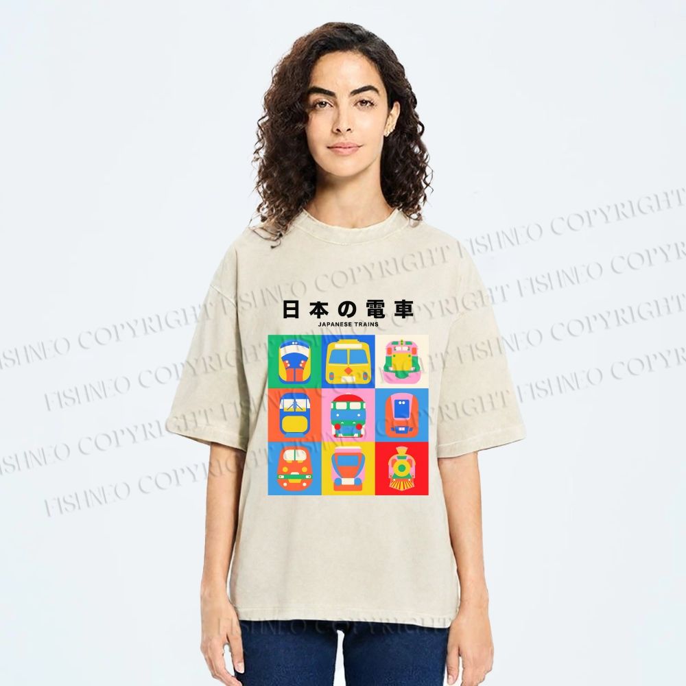 Unisex Japanese Trains Printed Washed Tee