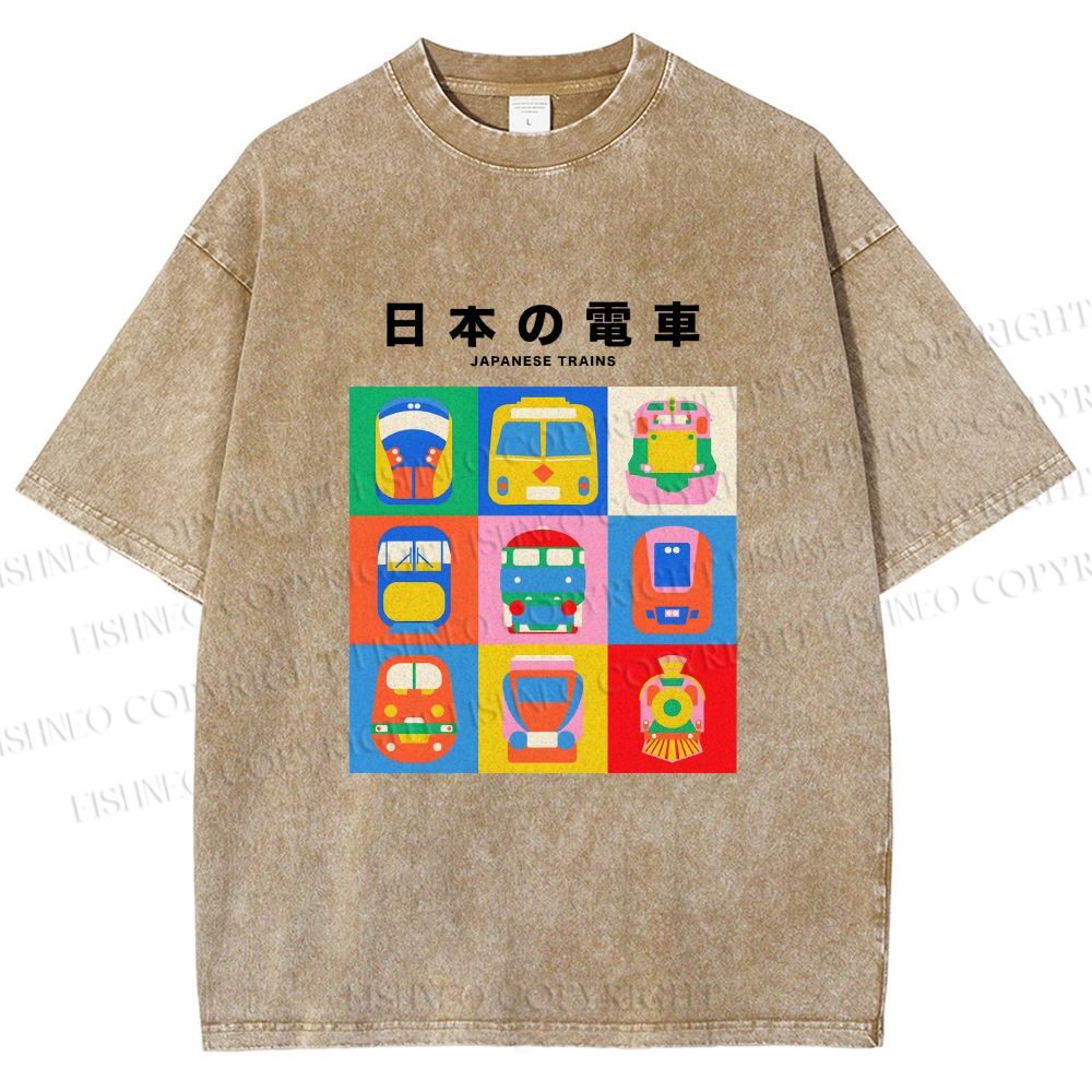 Unisex Japanese Trains Printed Washed Tee