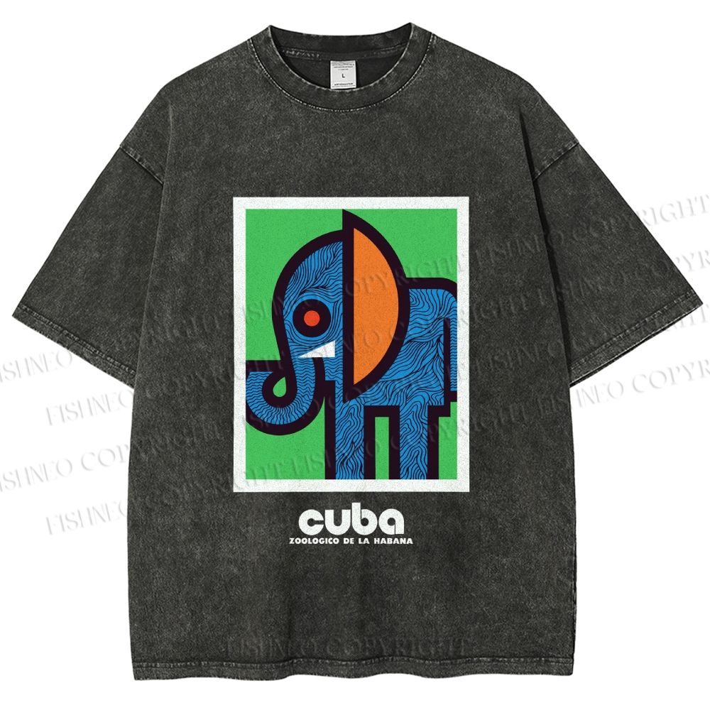 Unisex Cuban Zoo Elephant Printed Washed Tee