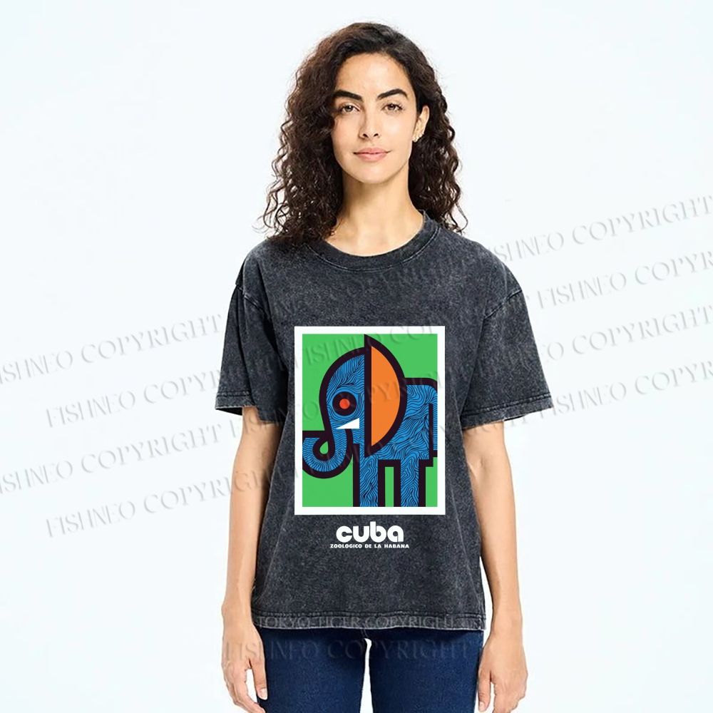 Unisex Cuban Zoo Elephant Printed Washed Tee
