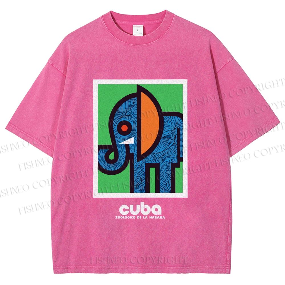 Unisex Cuban Zoo Elephant Printed Washed Tee