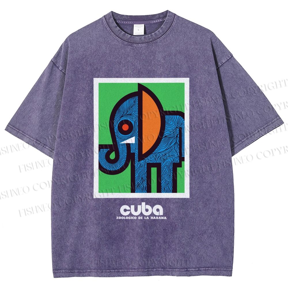 Unisex Cuban Zoo Elephant Printed Washed Tee