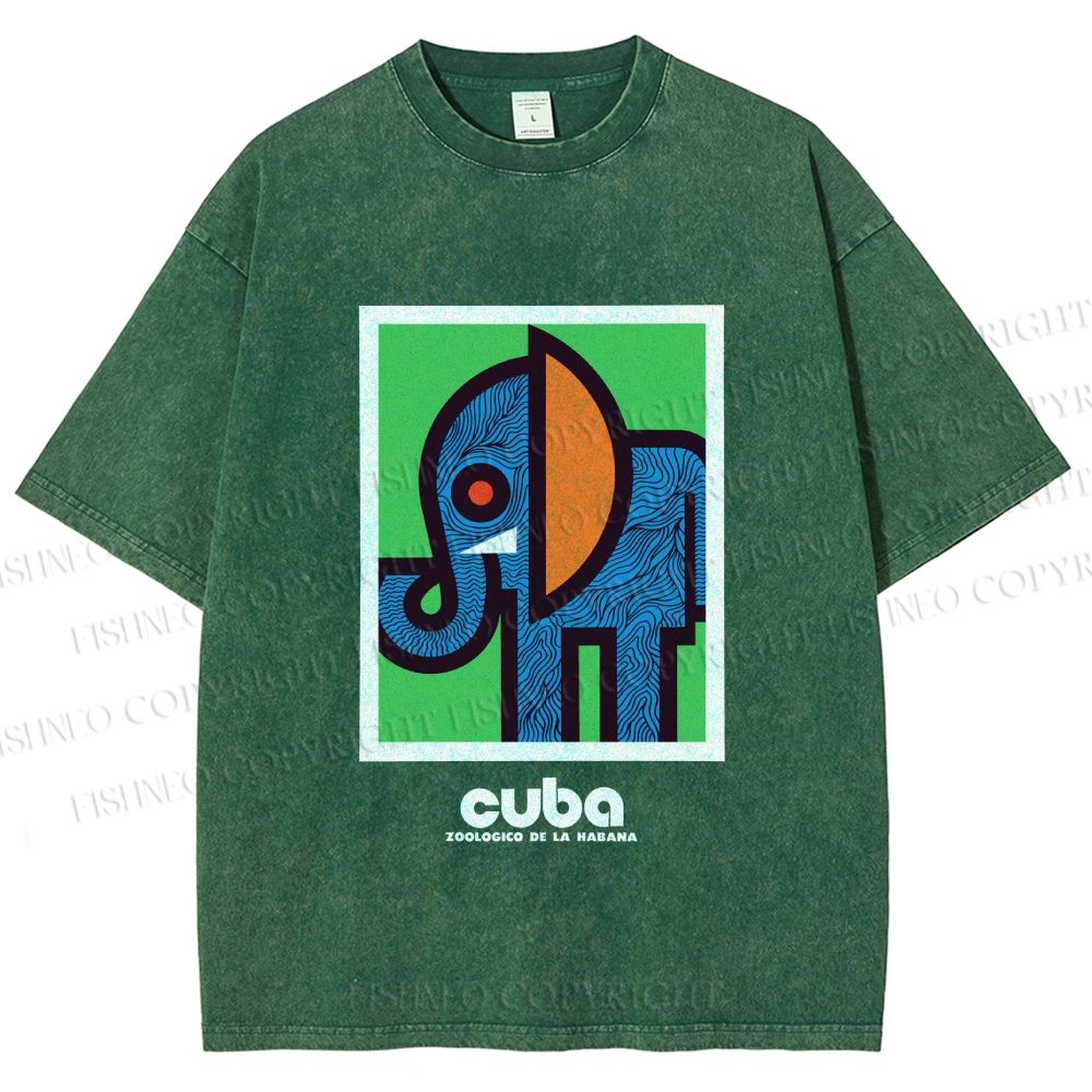 Unisex Cuban Zoo Elephant Printed Washed Tee
