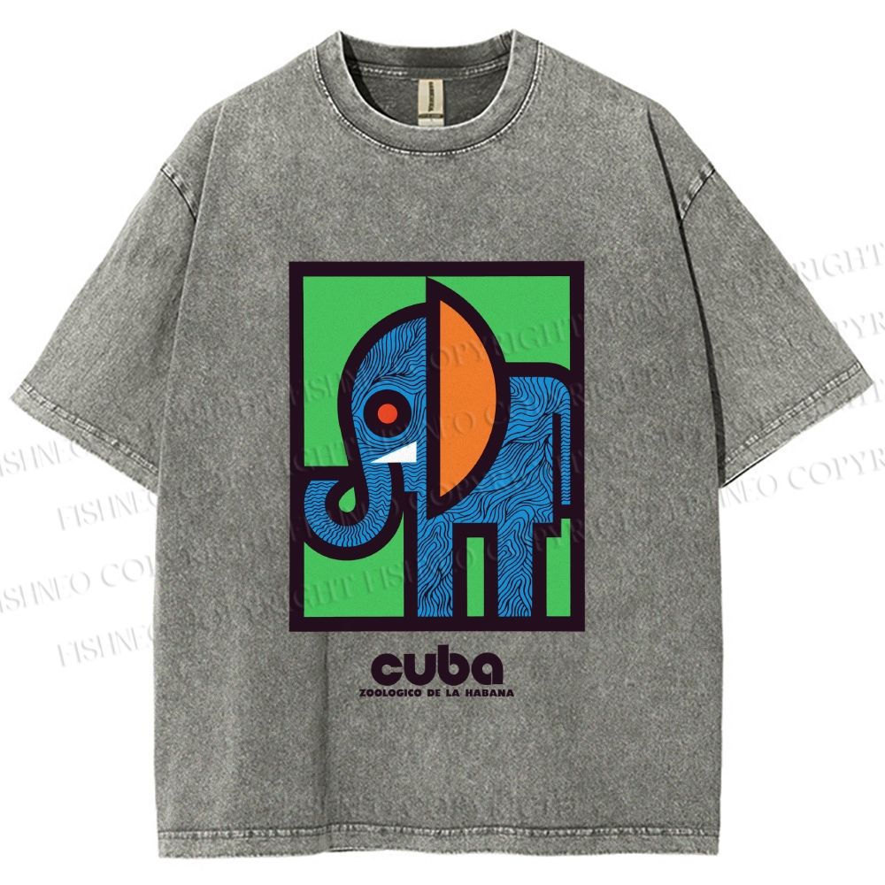 Unisex Cuban Zoo Elephant Printed Washed Tee