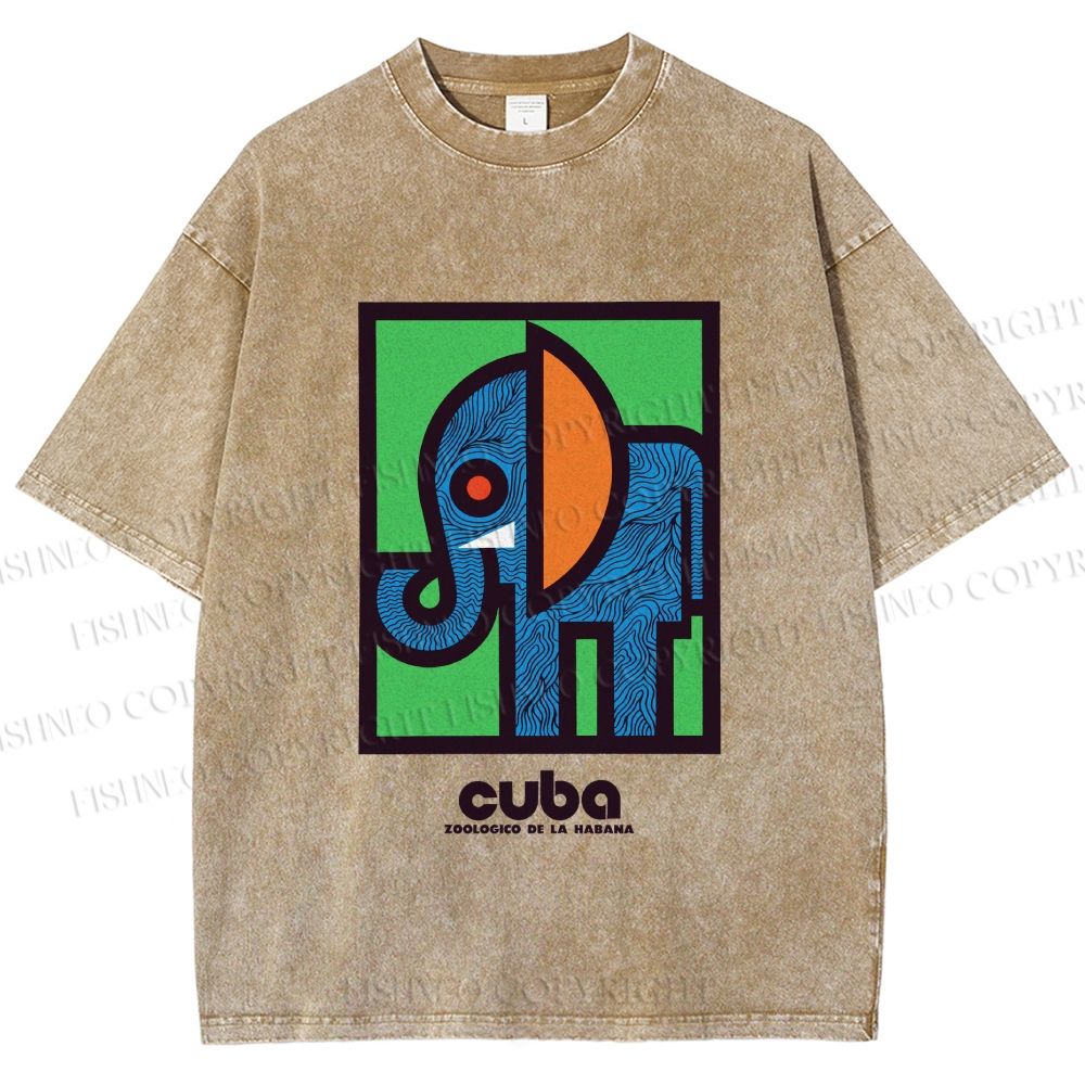 Unisex Cuban Zoo Elephant Printed Washed Tee