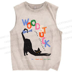 Unisex Black Cat With A Bow Printed Washed Tank Top